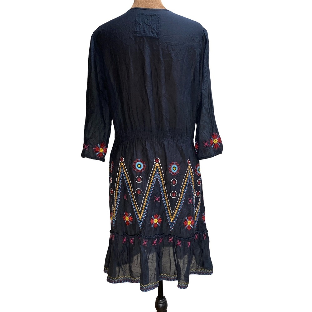 Johnny Was 3J Workshop Embroidered Silk Blend Boho Dress Black XS V-Neck Smocked - Picture 2 of 12